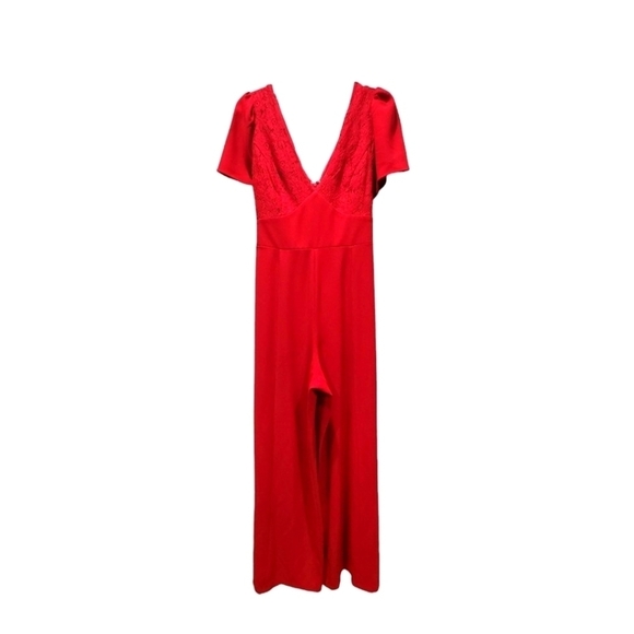 XL Red Lace V Neck Tie String Wide Leg Romper - Picture 1 of 7